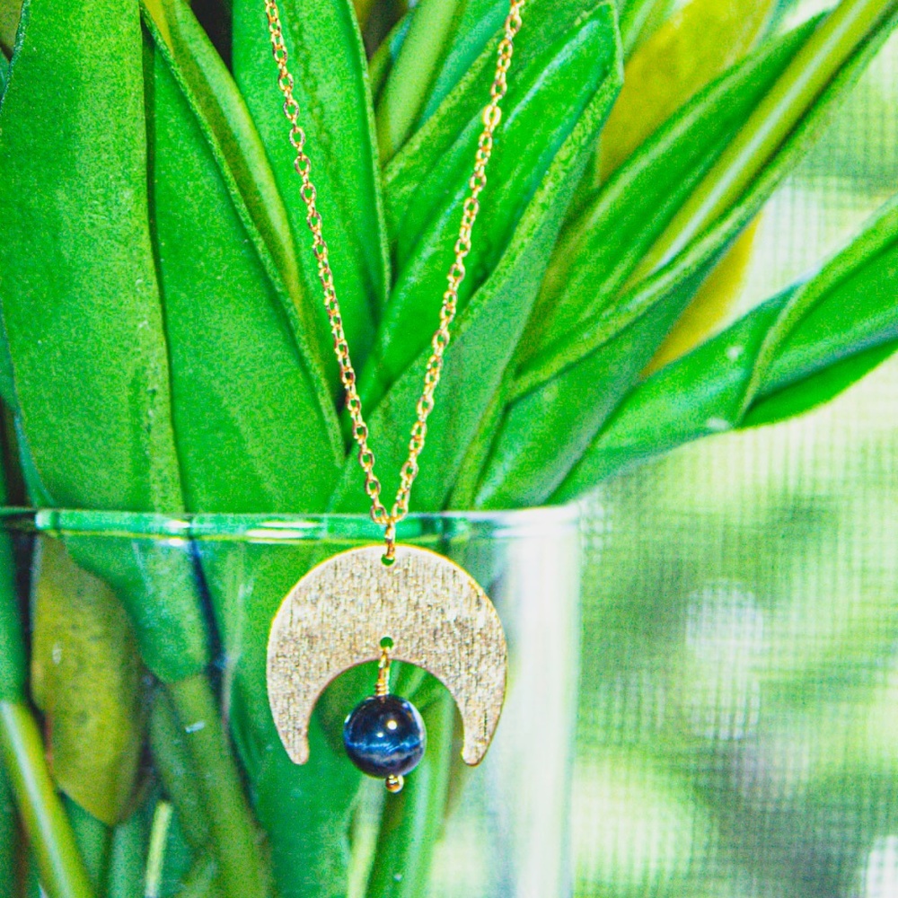 Blue Tiger's Eye-14k Gold-Plated Crescent Necklace